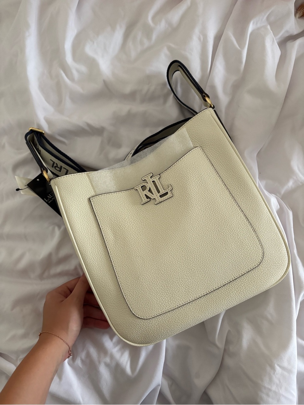 Ralph Lauren Cream Pebbled Leather Shoulder Bag with RL Monogram